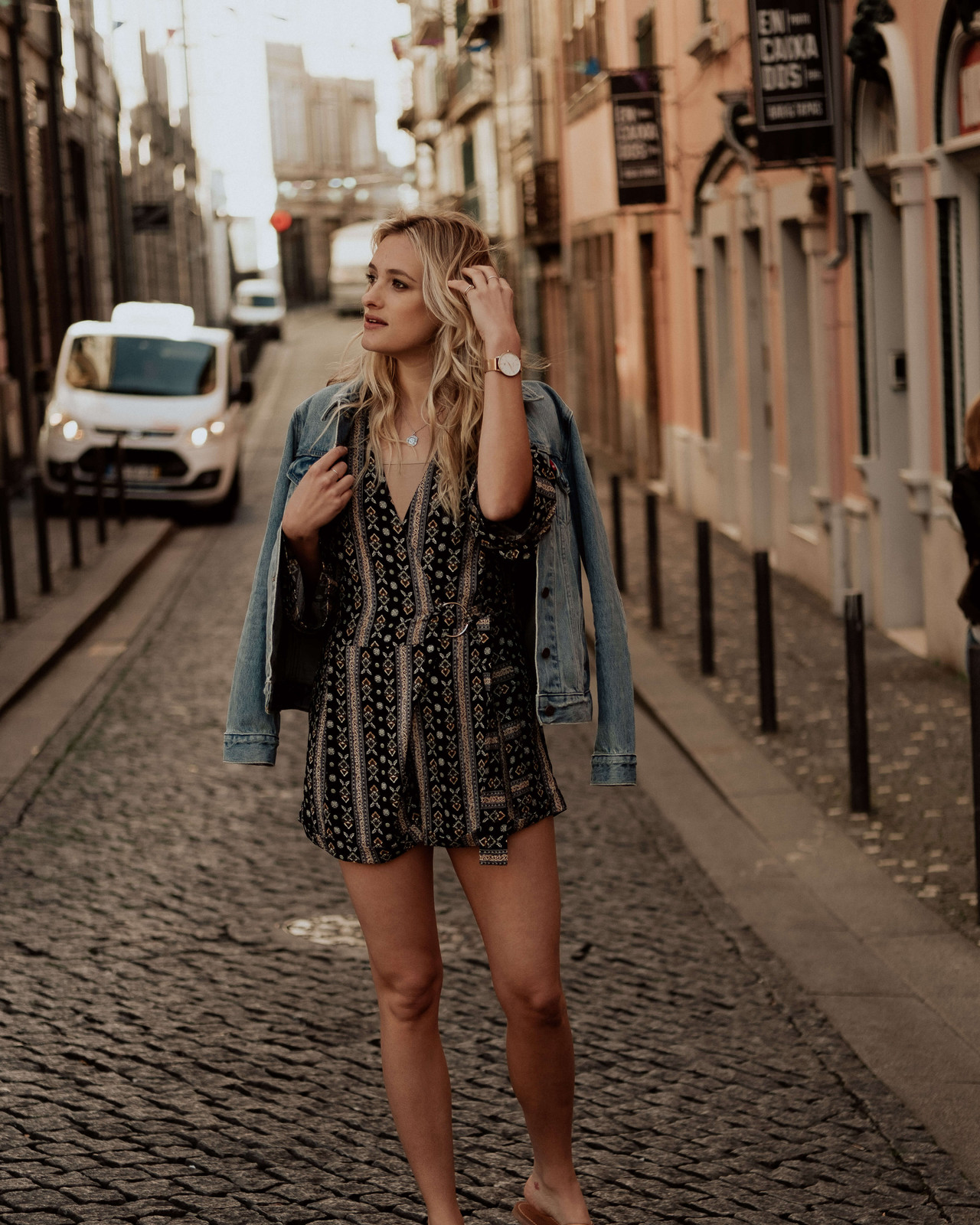 Patterned Romper with Denim Jacket for Day Trips — Portugal Outfits