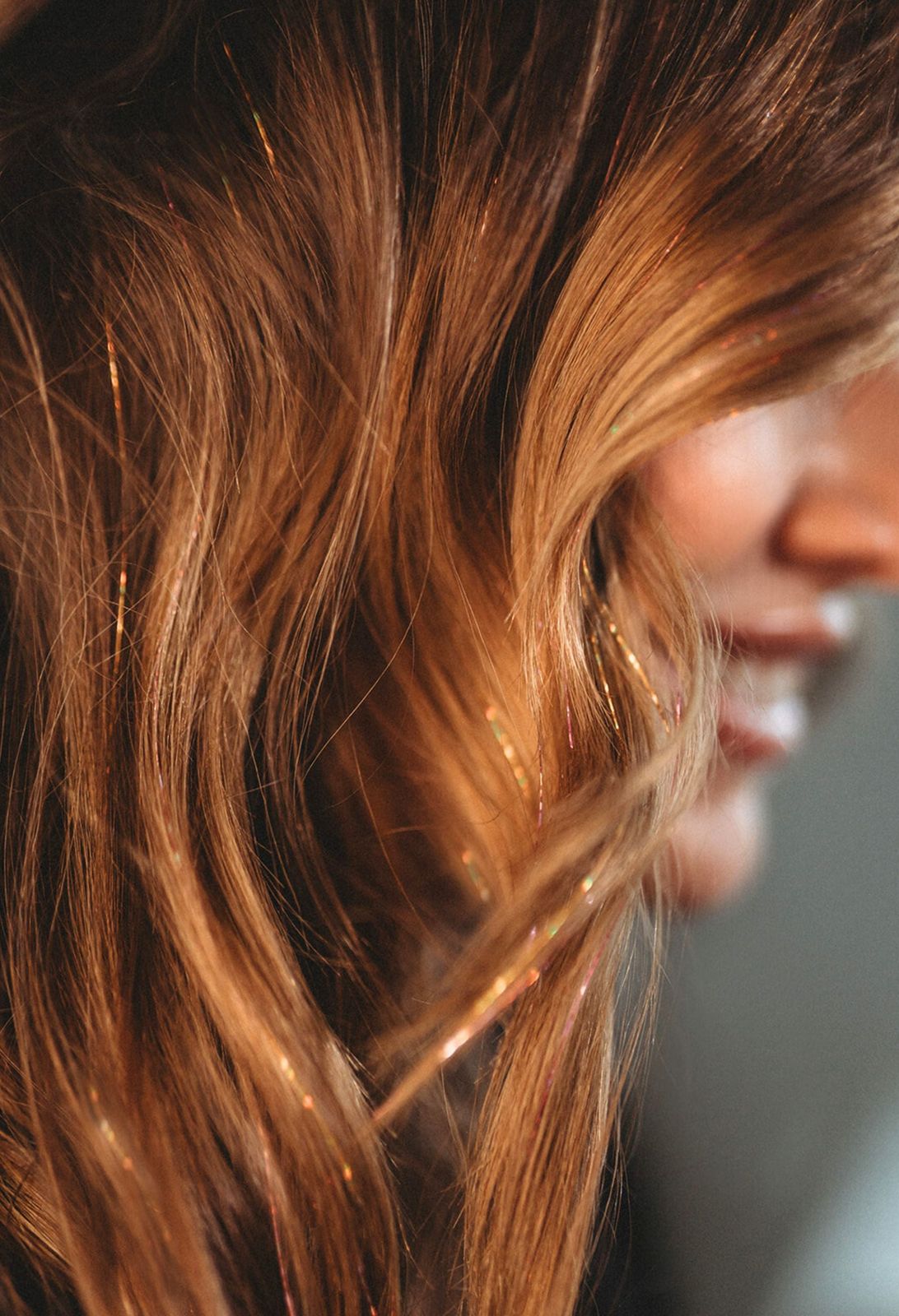 Rose Gold Tinsel on Warm Brown Hair — Hair Tinsel