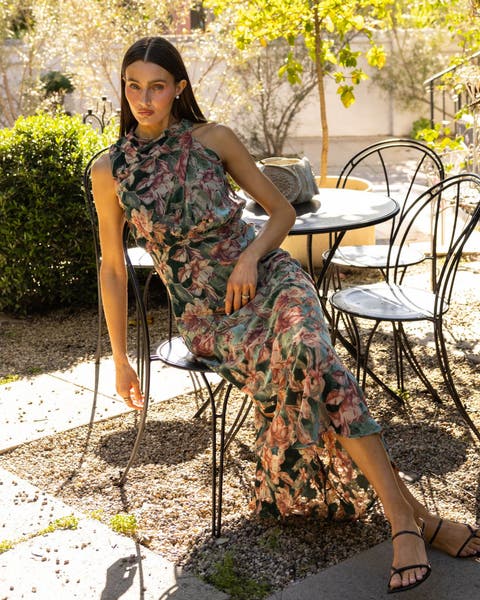 Velvet Halter Neck Midi Dress in Bold Floral Print Velvet Halter Neck Midi Dress in Bold Floral Print — Bridal Shower Outfits