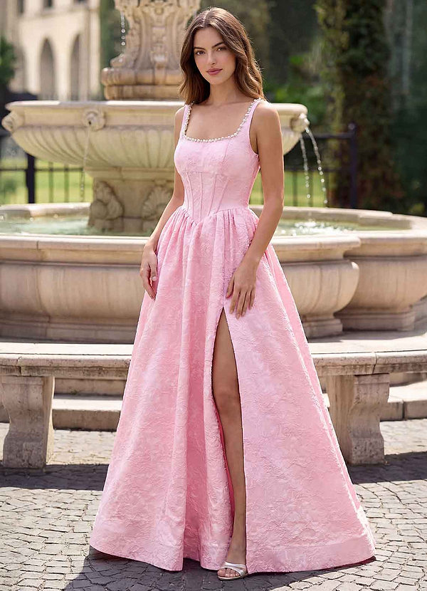 Pale Pink Jacquard Dress with Pearl Embellishments Pale Pink Jacquard Dress with Pearl Embellishments — Formal Dresses
