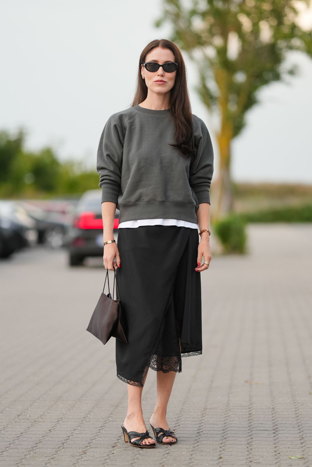 Lace-Trimmed Slip Skirt with Layered Sweatshirt and T-shirt — Slip Skirt Outfits