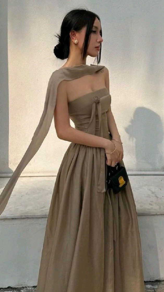Beige Strapless Taffeta Dress with Chiffon Scarf Detail — Strapless Dresses