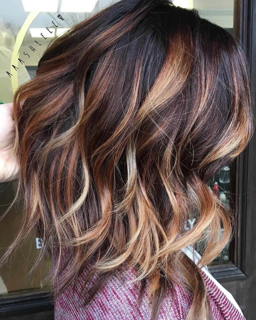 Dark Brown Lob With Caramel Balayage — Balayage Over 50