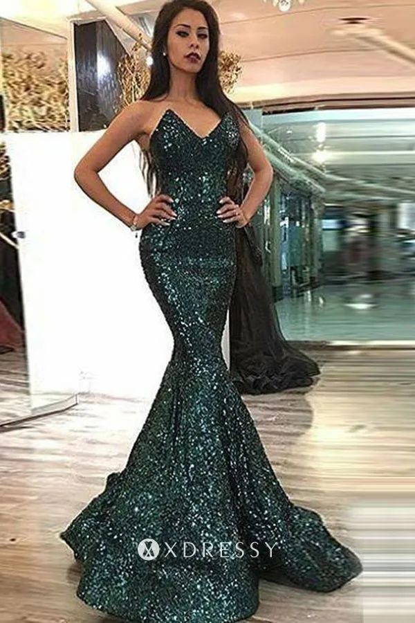 Green Sequin Strapless Mermaid Dress — Military Ball Dresses