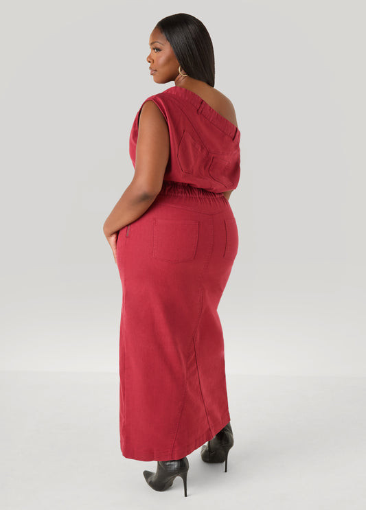 Red One-Shoulder Maxi Dress with Denim Texture — Dresses for Big Bust