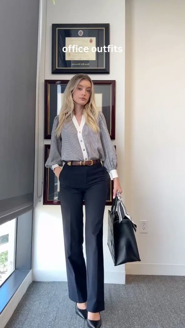 Striped Button-Down with Wide-Leg Trousers and Brown Belt Striped Button-Down with Wide-Leg Trousers and Brown Belt — Lawyer Outfits