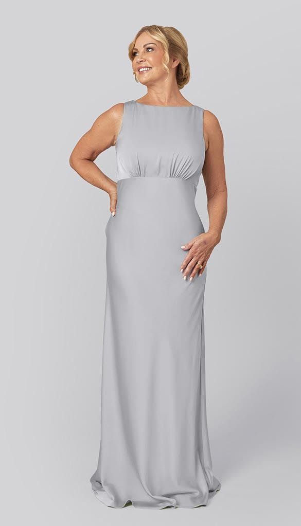 Light Grey Crepe Column Dress with Gathered Waist Light Grey Crepe Column Dress with Gathered Waist — Mother of the Groom Dresses