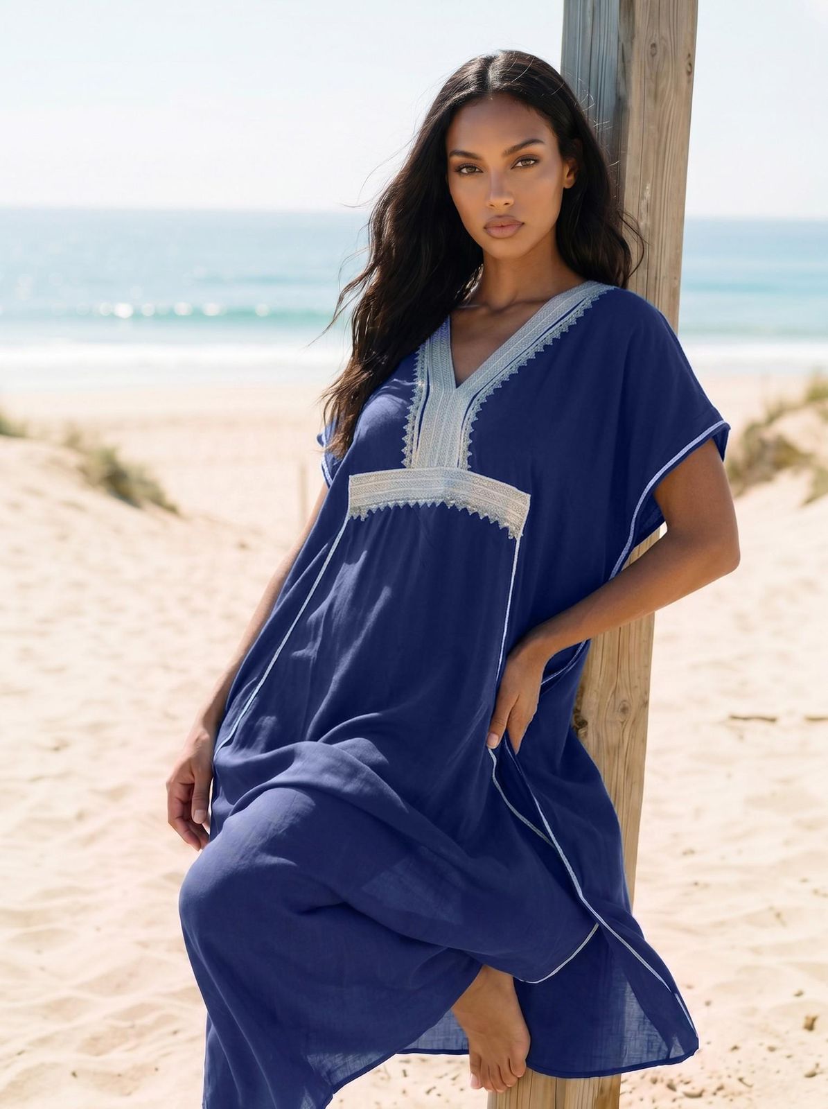 Deep Blue Kaftan with Embellished Neckline for Beach Days — Honeymoon Dresses