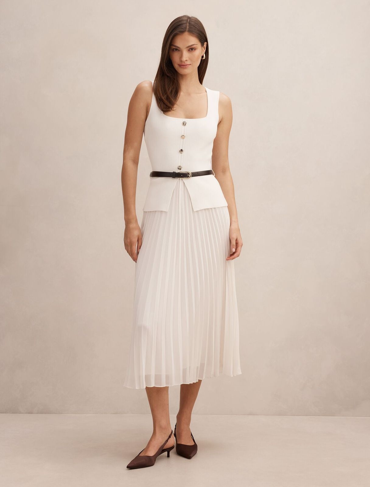 White Two-Piece Set with Pleated Midi Skirt for Daytime Events White Two-Piece Set with Pleated Midi Skirt for Daytime Events — Square Neck Dresses