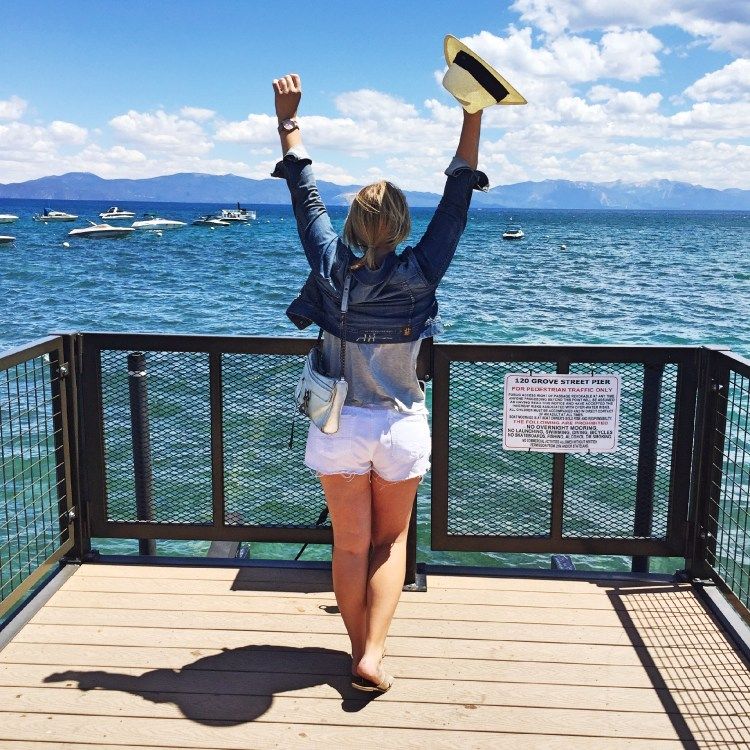 Denim Jacket and White Shorts for a Lakeside Pier Outfit — Lake Tahoe Outfits