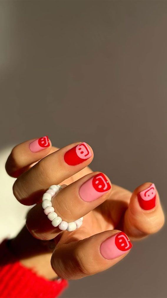 Minimalist Nail Art Ideas That Aren't Boring : Pink and Red Smiley Face Tips