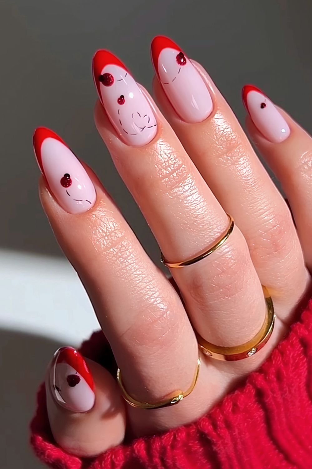Long Stiletto Ladybugs on Nude French — Ladybug Nails