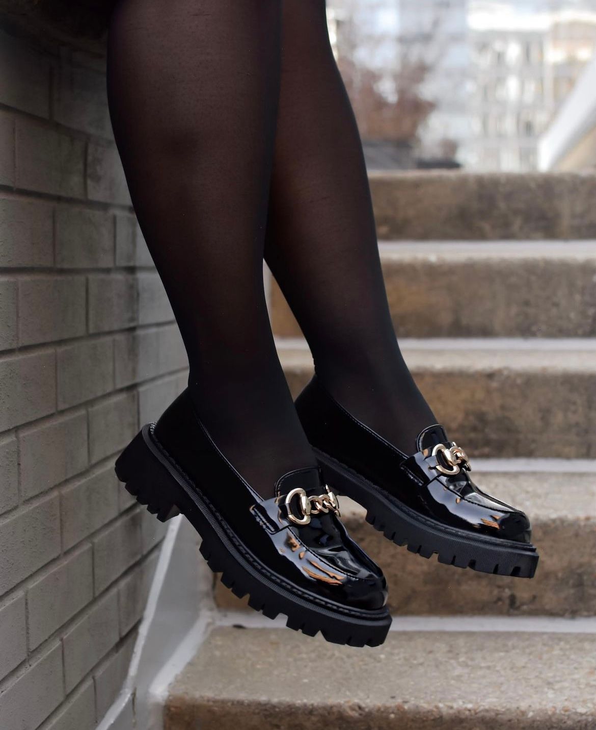 Patent Loafers with Black Tights for a Sleek Look — Chunky Loafers Outfits