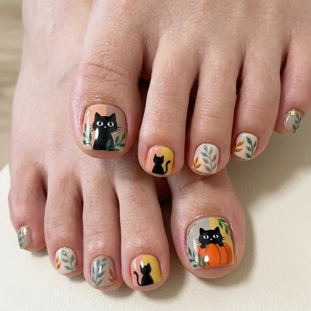 Autumn Cat and Leaf Toes Autumn Cat and Leaf Toes — Toe Nail Art