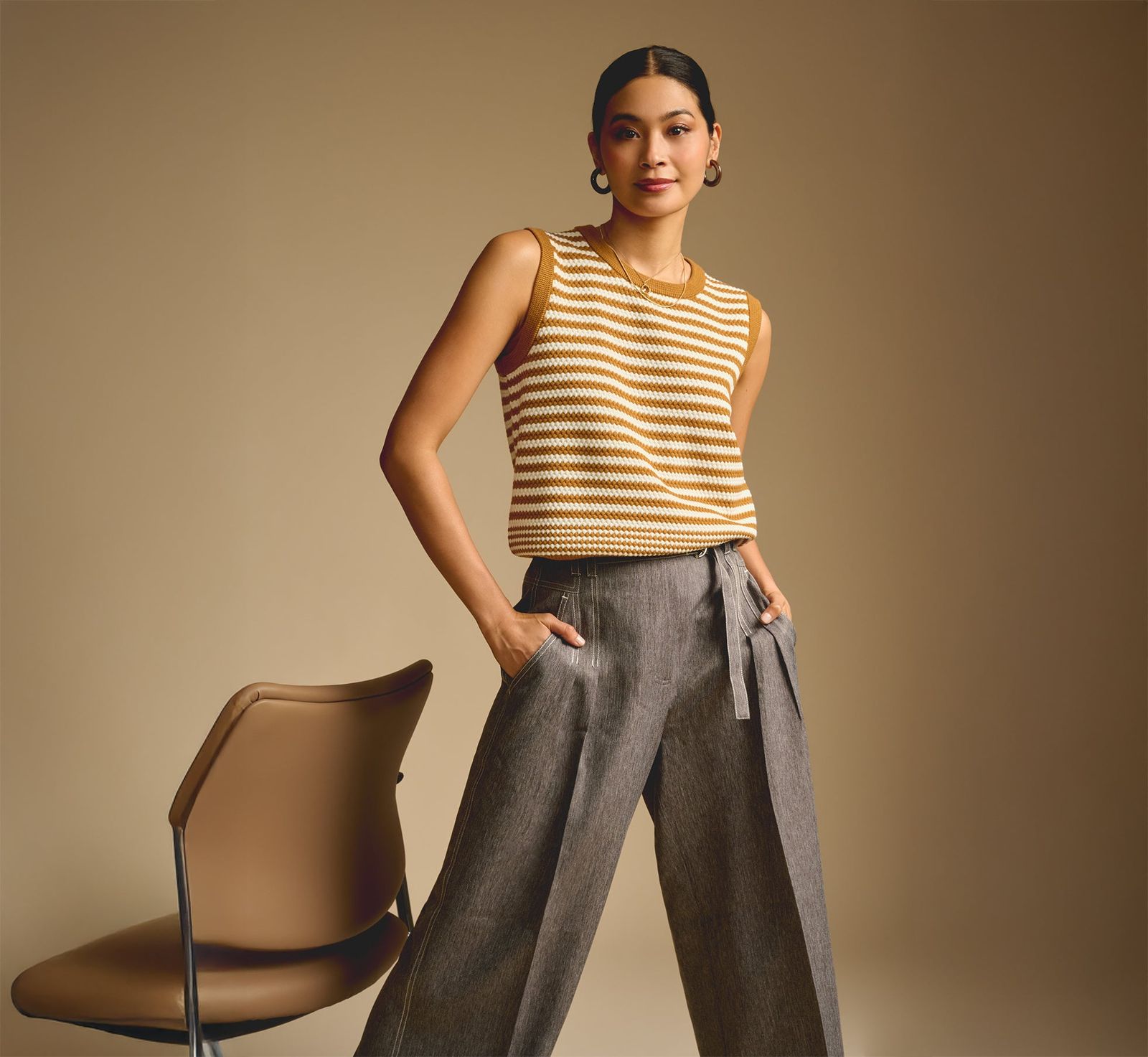 Casual Chic: Striped Knit Top with Grey Wide-Leg Trousers — Grandma Outfits