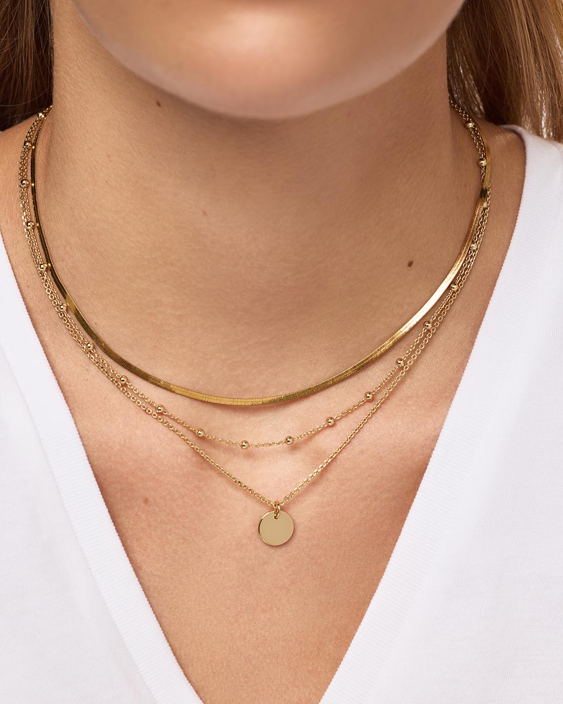 Smooth Fabric Outfit Idea Smooth Fabric Outfit Idea — Layered Necklaces