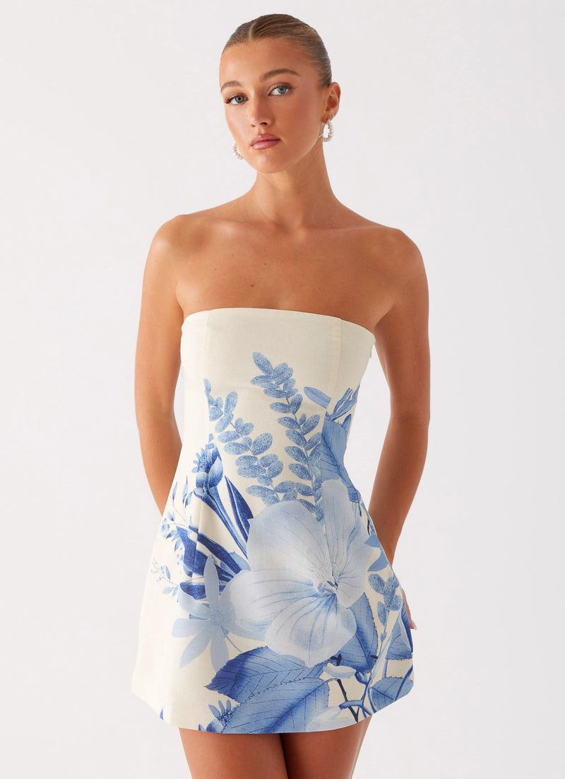 Cream Strapless Mini Dress with Bold Blue Floral Print — Rush Dresses