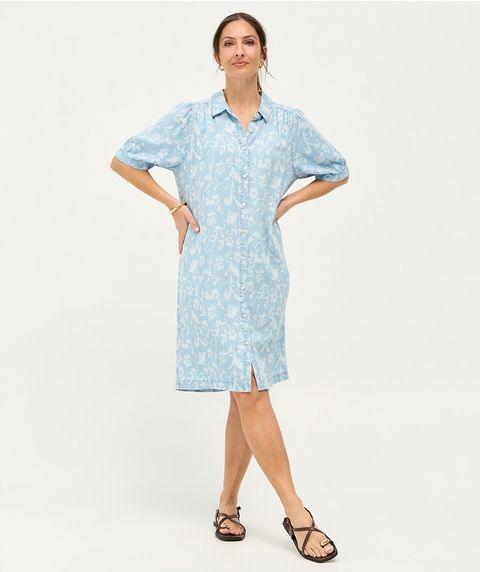 Light Blue Floral Print Collared Dress for Daytime — Knee Length Dresses