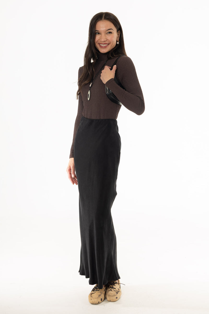 Black Satin Maxi Skirt with Brown Turtleneck and Clogs Black Satin Maxi Skirt with Brown Turtleneck and Clogs — Slip Skirts