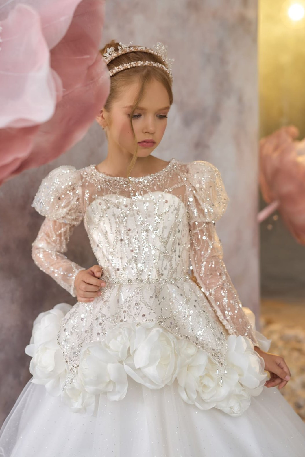 Sparkling Ballgown with Puff Shoulders and Floral Skirt Accents Sparkling Ballgown with Puff Shoulders and Floral Skirt Accents — First Communion Outfits
