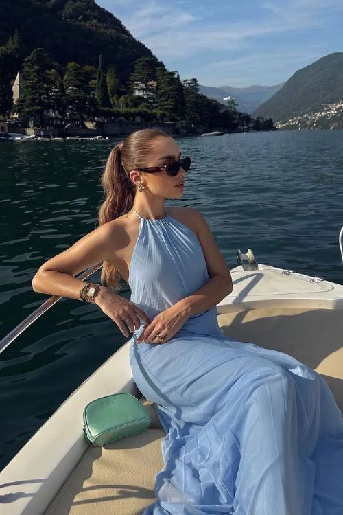 Flowing Halter Neck Maxi Dress for a Graceful Yacht Look — Yacht Outfits