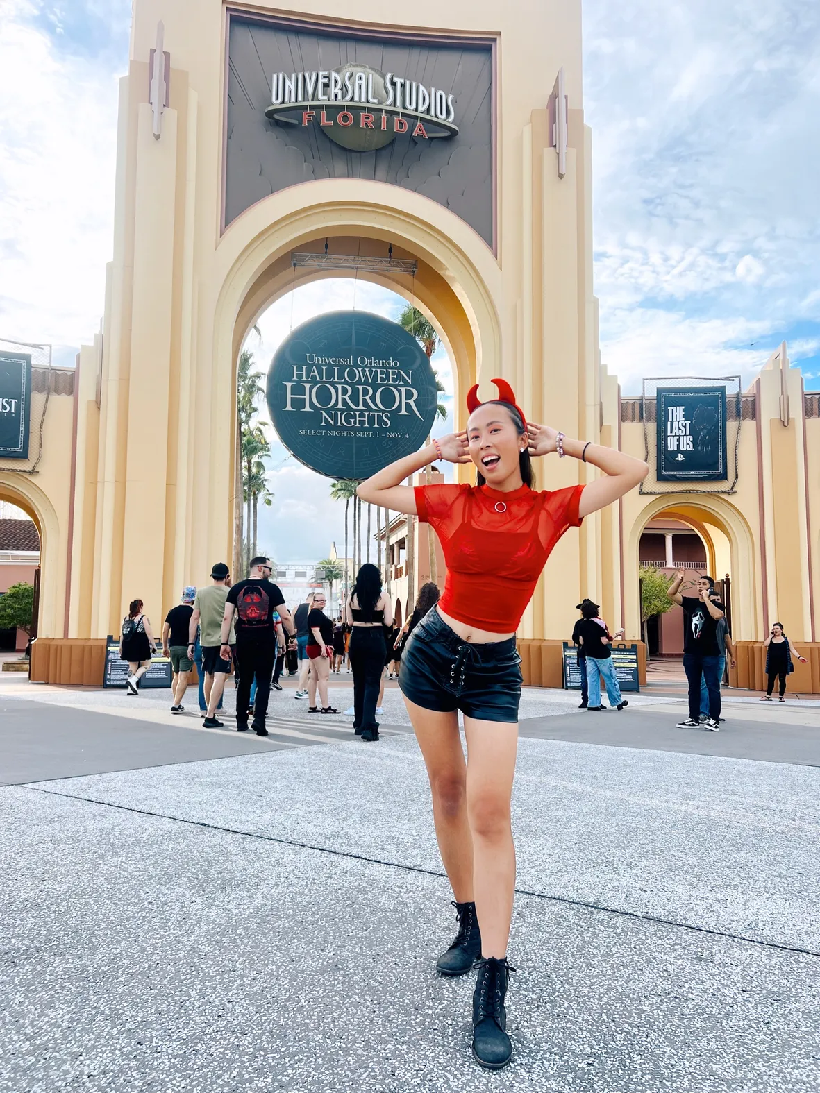 Bold Red Mesh Top with Faux Leather Shorts and Devil Horns Bold Red Mesh Top with Faux Leather Shorts and Devil Horns — Universal Studios Outfits