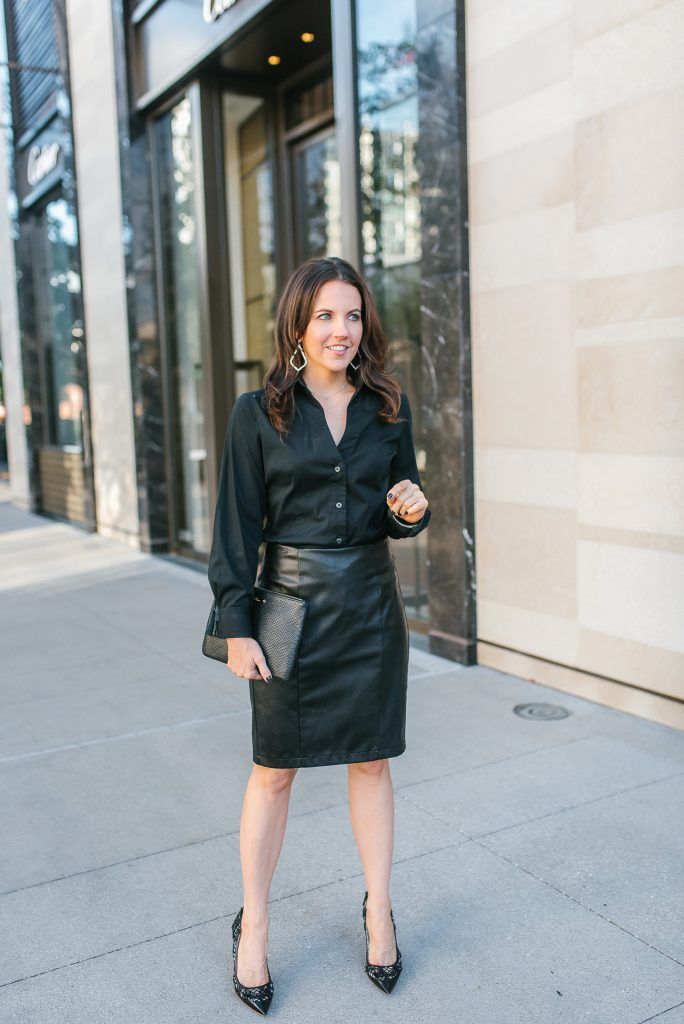 Black Leather Pencil Skirt with Silk Button-Up Shirt — Pencil Skirt Outfits