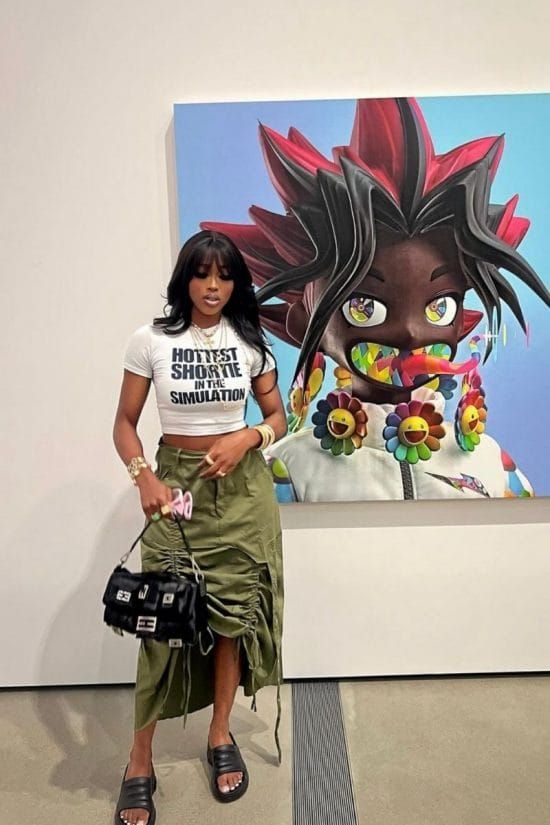 Olive Green Cargo Midi Skirt with Graphic Crop Top — Cargo Skirt Outfits