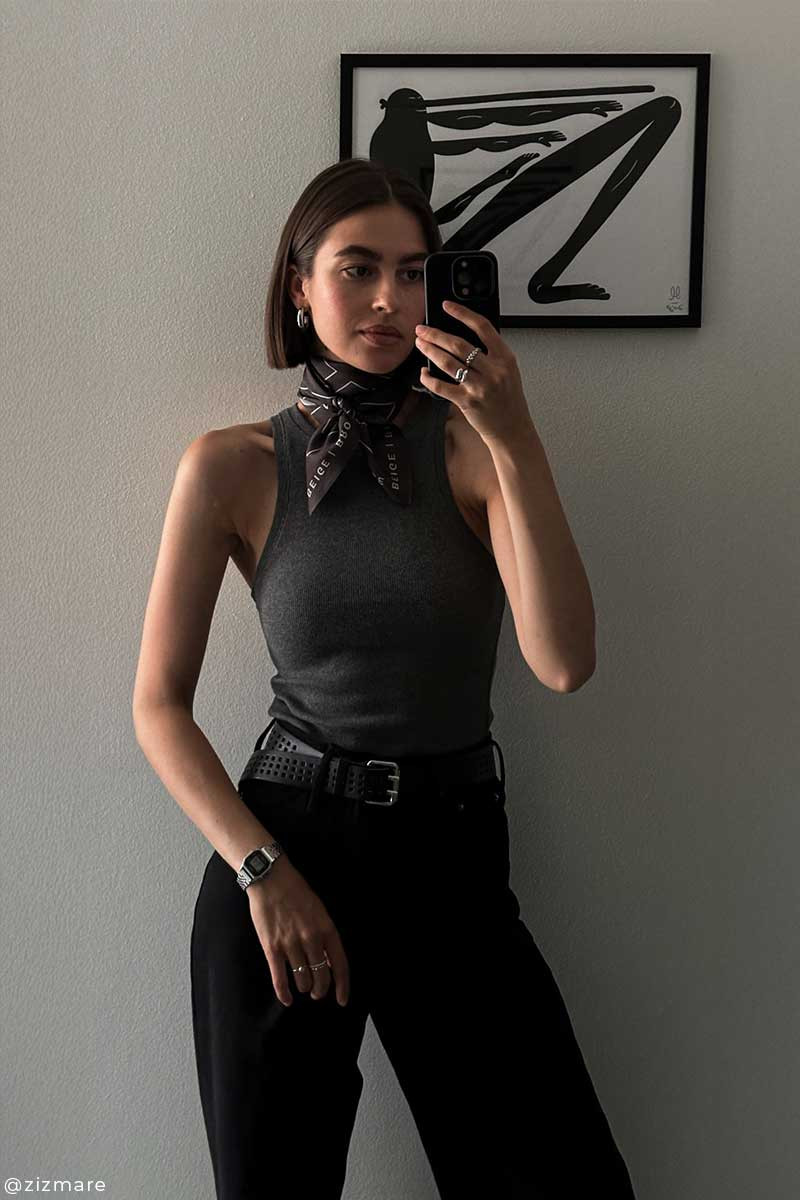 Printed Silk Scarf as a Neck Accessory with Tank Top — Silk Scarf Outfits
