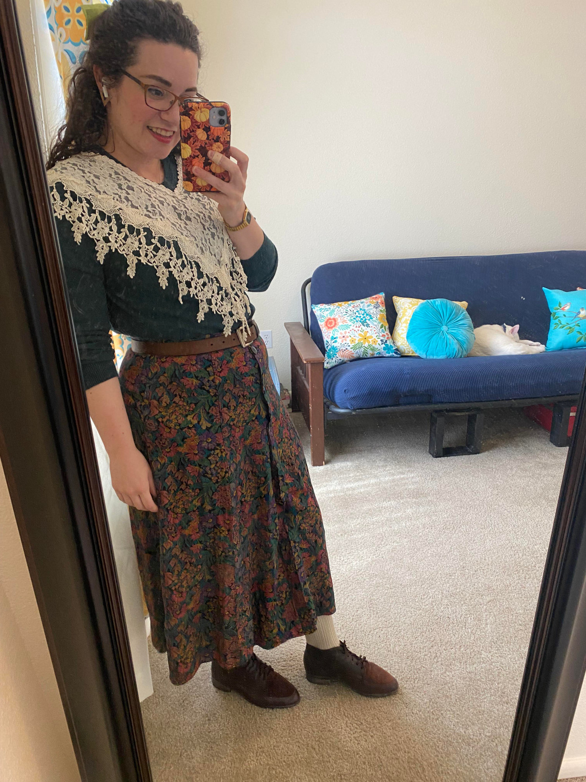 Lace Shawl Over Long-Sleeved Top with Floral Midi Skirt Lace Shawl Over Long-Sleeved Top with Floral Midi Skirt — Grandmacore Outfits