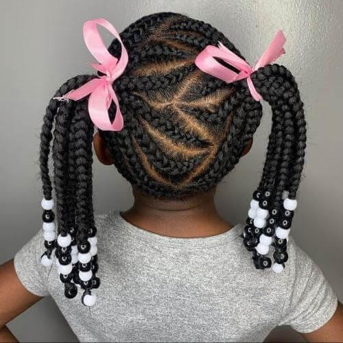 Two Large Coily Braids with Pink Bows — Toddler Braids