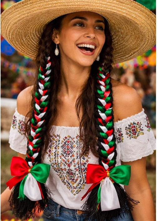 Thick Braids With Red, White, Green Ribbons Thick Braids With Red, White, Green Ribbons — Mexican Hairstyles