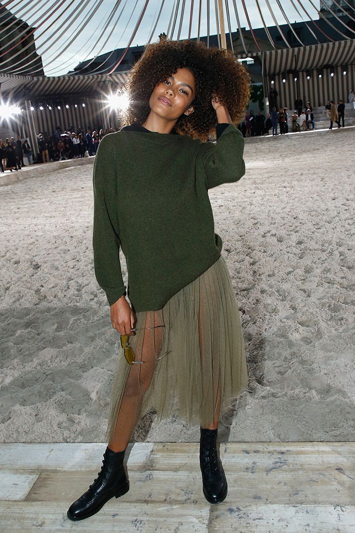 Minimalist Monochrome: Olive Green Tulle Skirt with a Crewneck Sweater — Tulle Skirt Outfits