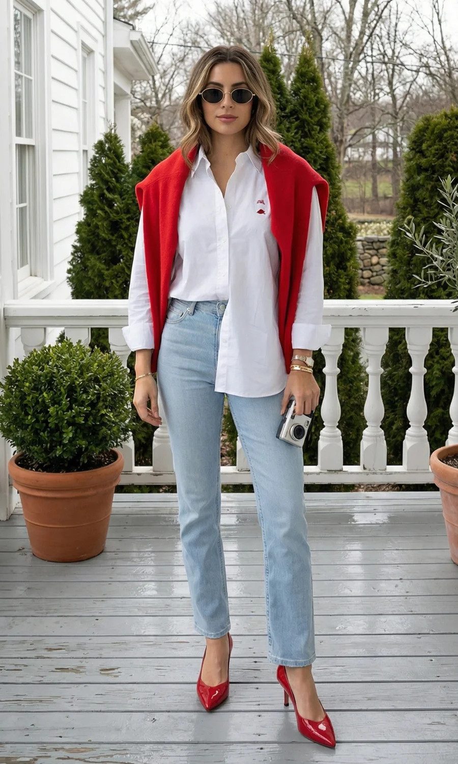 Straight-Leg Jeans, Red Sweater Drape, and Red Pointed Heels — Heels with Jeans Outfits