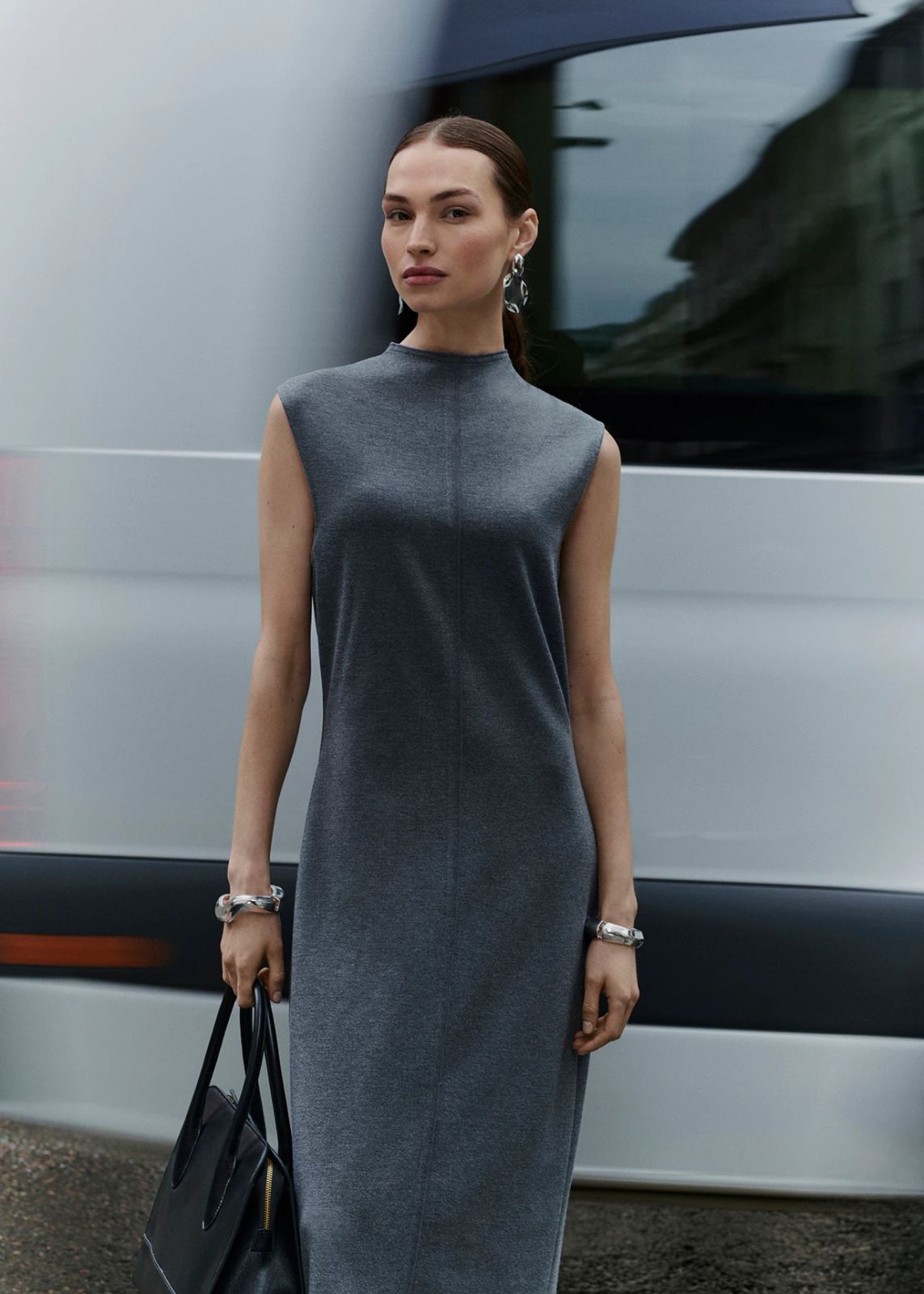 Modern Grey Mock Neck Midi Dress for a Professional Interview Modern Grey Mock Neck Midi Dress for a Professional Interview — Interview Dresses