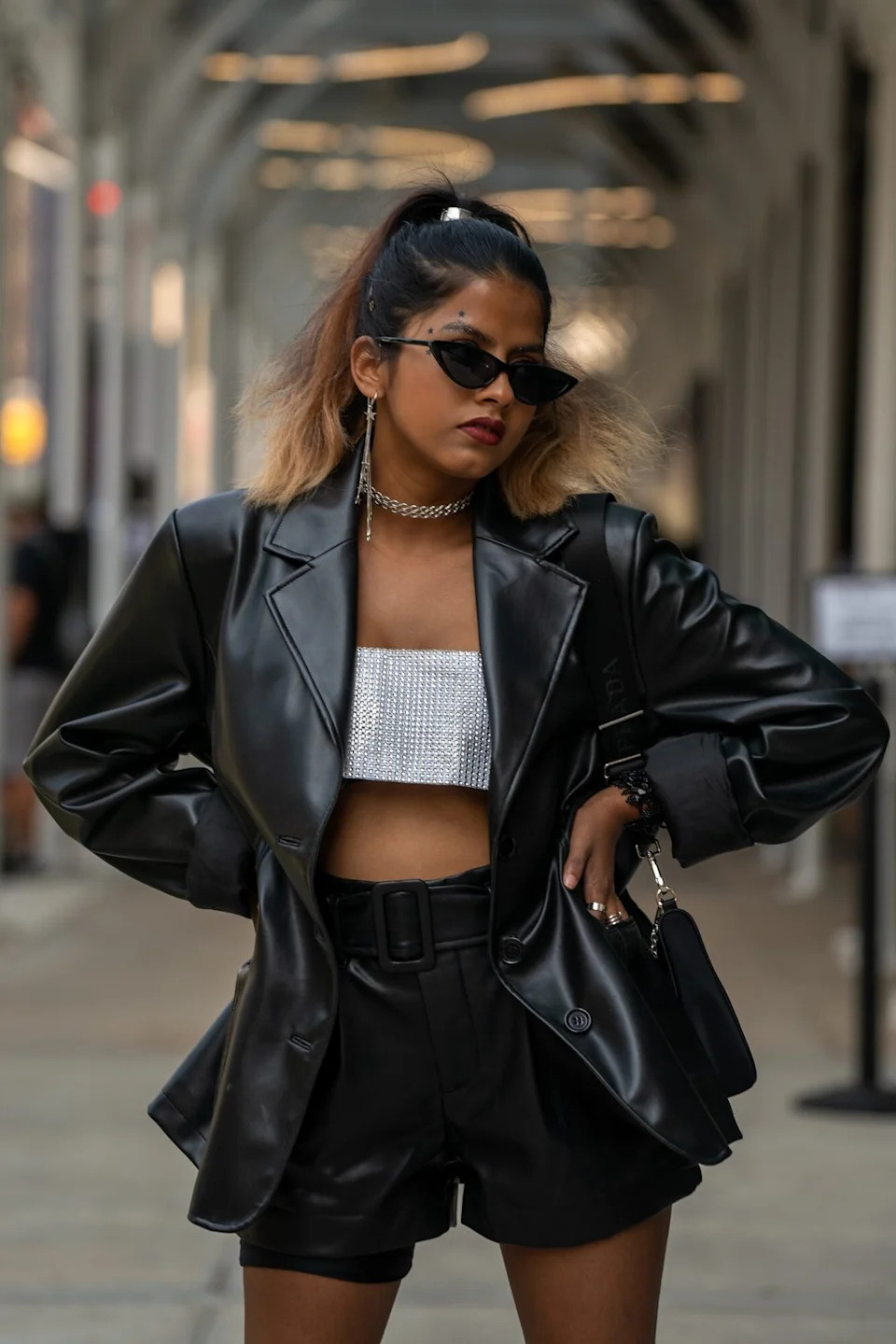Leather Blazer Over Sequined Bandeau with High-Waisted Shorts for Edgy Corporate — Corporate Goth Outfits