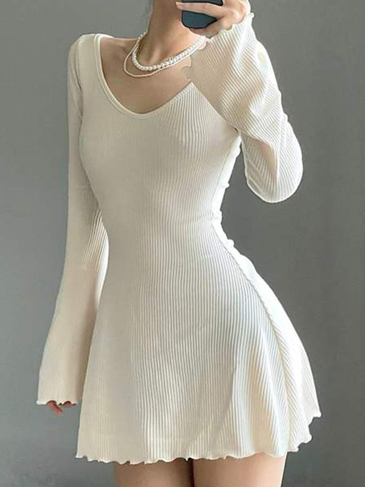 Ribbed Knit Mini Dress with Flared Bell Sleeves Ribbed Knit Mini Dress with Flared Bell Sleeves — Soft Girl Outfits