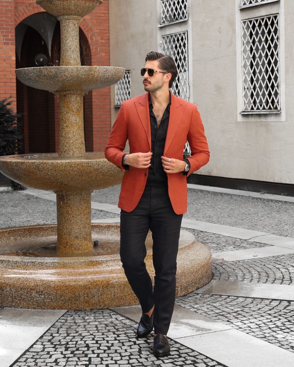 Orange Linen Blazer with Charcoal Trousers Orange Linen Blazer with Charcoal Trousers — Outfits for Men