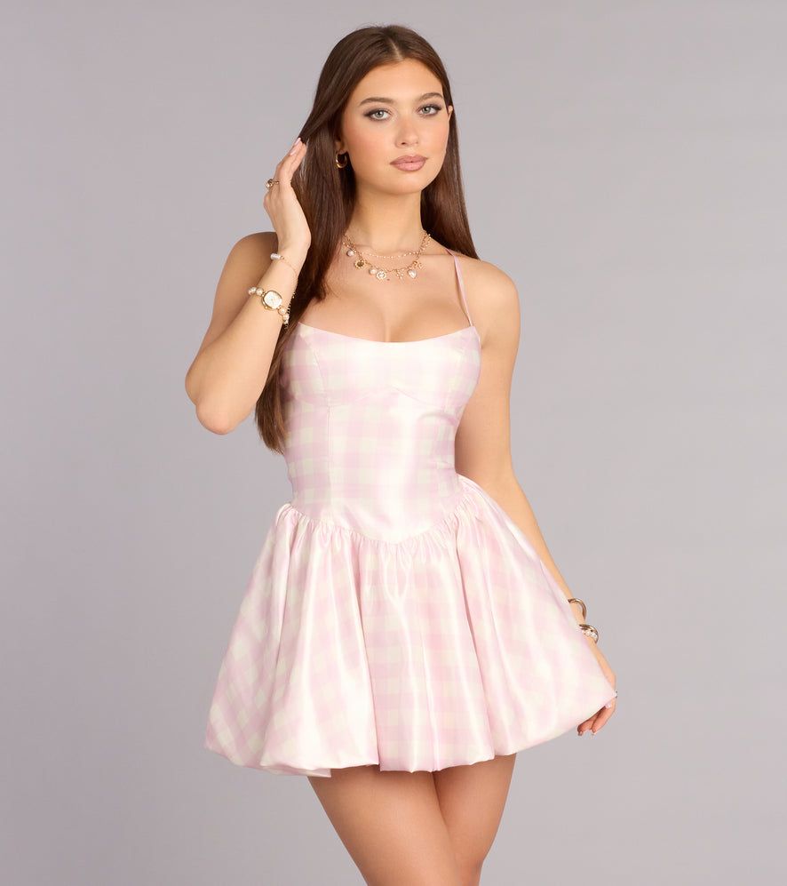 Pink and White Gingham Halter Dress with Bubble Hem Skirt — Bubble Hem Dresses