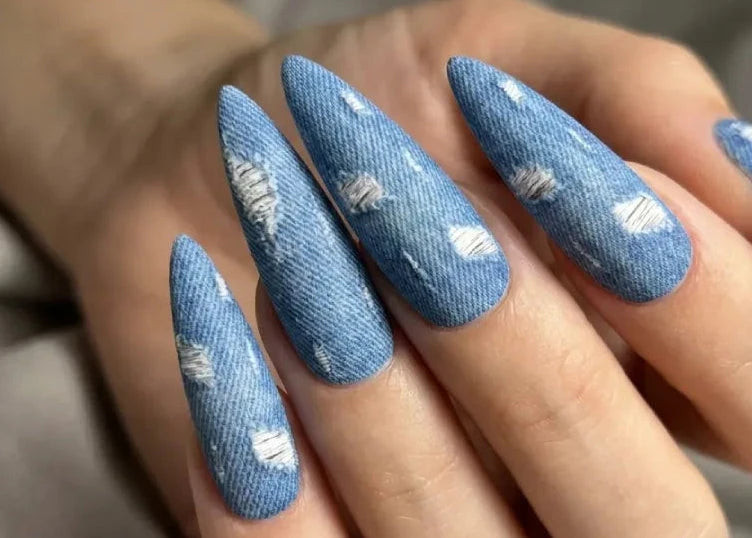 Full Cover Ripped Denim Matte Stiletto Nails Full Cover Ripped Denim Matte Stiletto Nails — Denim Nails