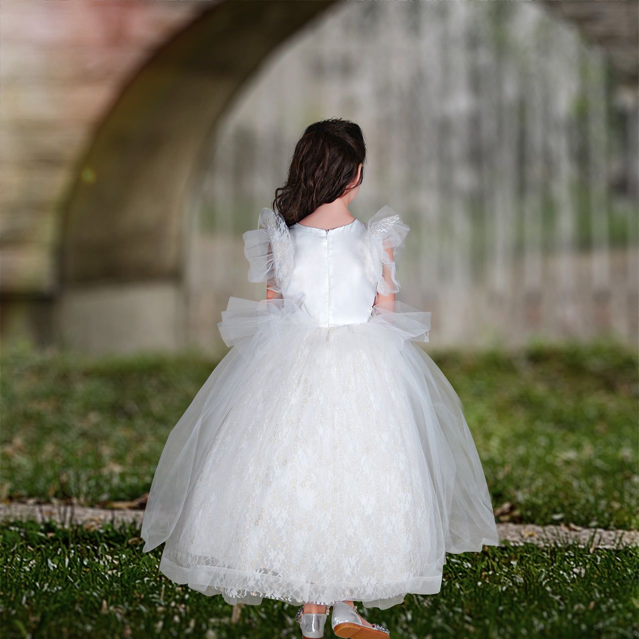 White Ball Gown with Ruffled Cap Sleeves and Back Bow White Ball Gown with Ruffled Cap Sleeves and Back Bow — Flower Girl Dresses