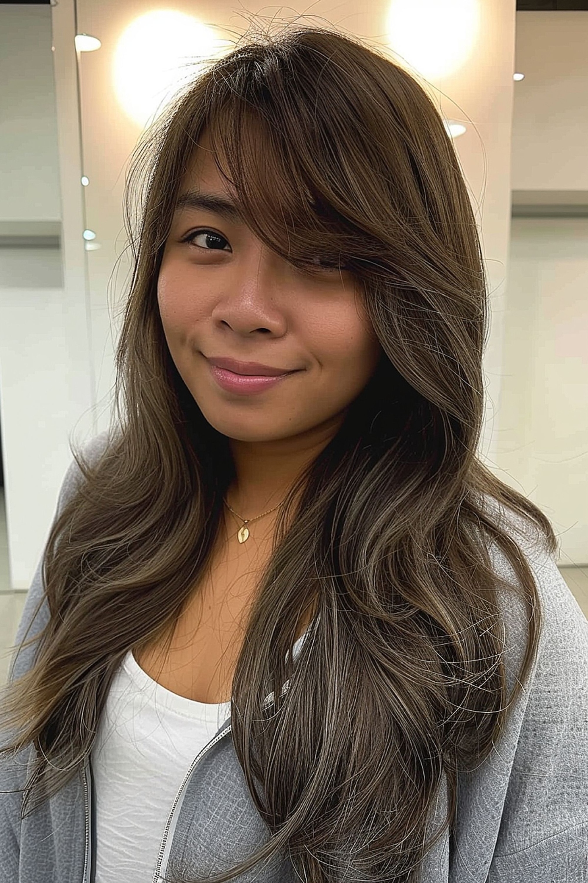 Effortless Chic: Brown Hair with Side-Swept Bangs, Tank Top, and Knit Cardigan — Long Bangs
