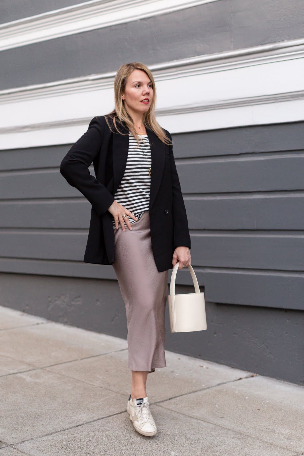 Taupe Slip Skirt with Striped Tee, Blazer, and Bucket Bag — Slip Skirt Outfits