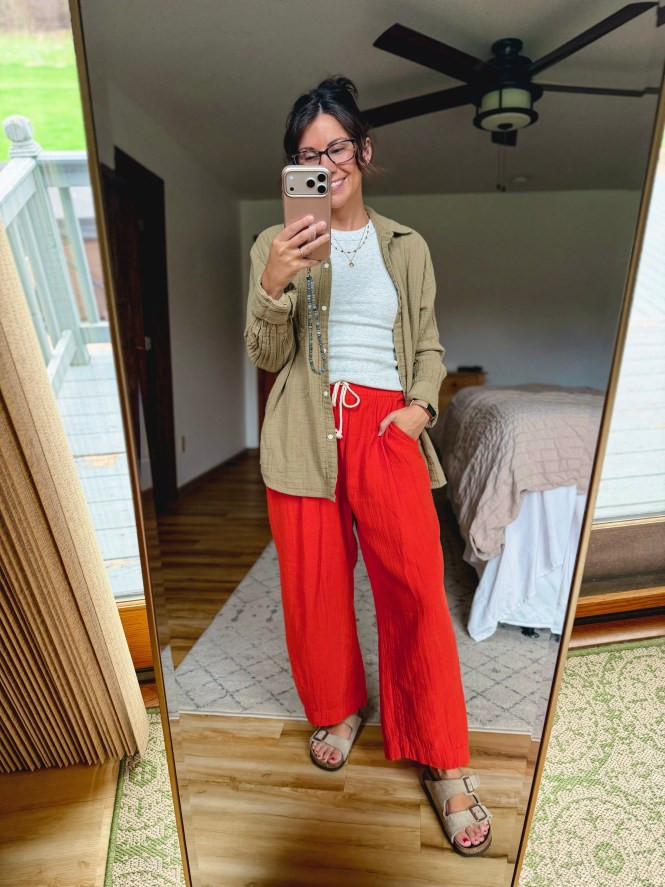 Red Wide-Leg Pants with Olive Green Button-Up Shirt Red Wide-Leg Pants with Olive Green Button-Up Shirt — Florida Outfits