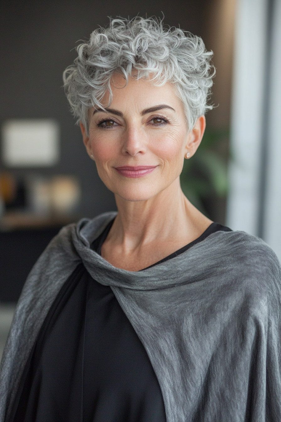 Fine Curly Pixie With Wispy Bangs Fine Curly Pixie With Wispy Bangs — Short Gray Haircuts