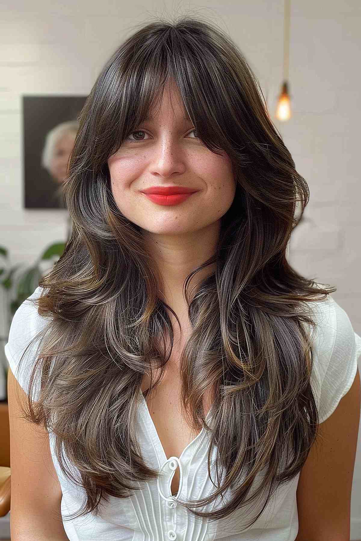 Thick Dark Brown with Subtle Highlights — Long Layered Hair with Curtain Bangs