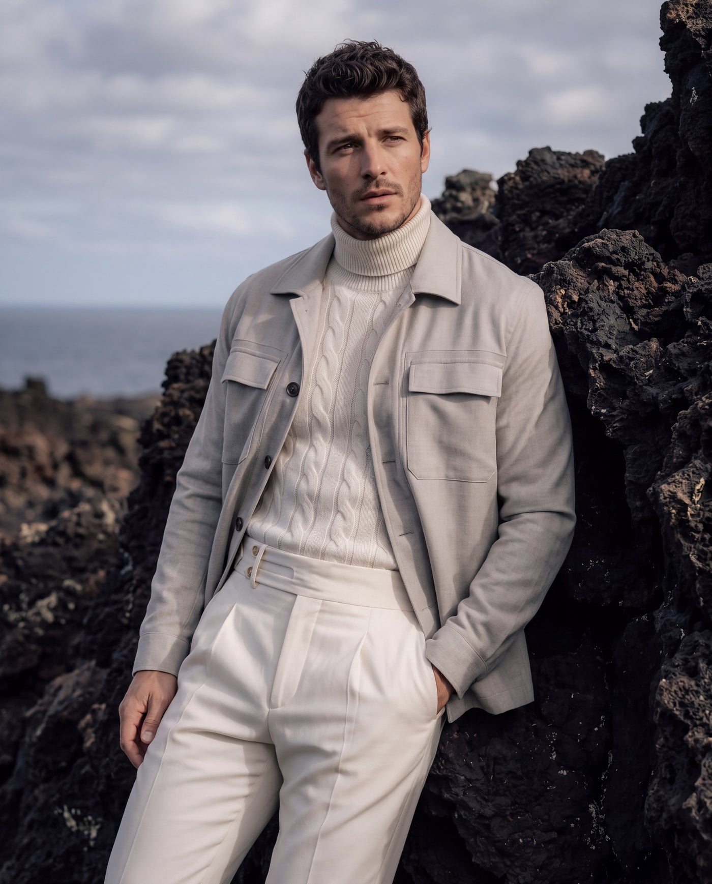 Textured Comfort: Cable-Knit Turtleneck with Utility Jacket — Mens Casual Outfits