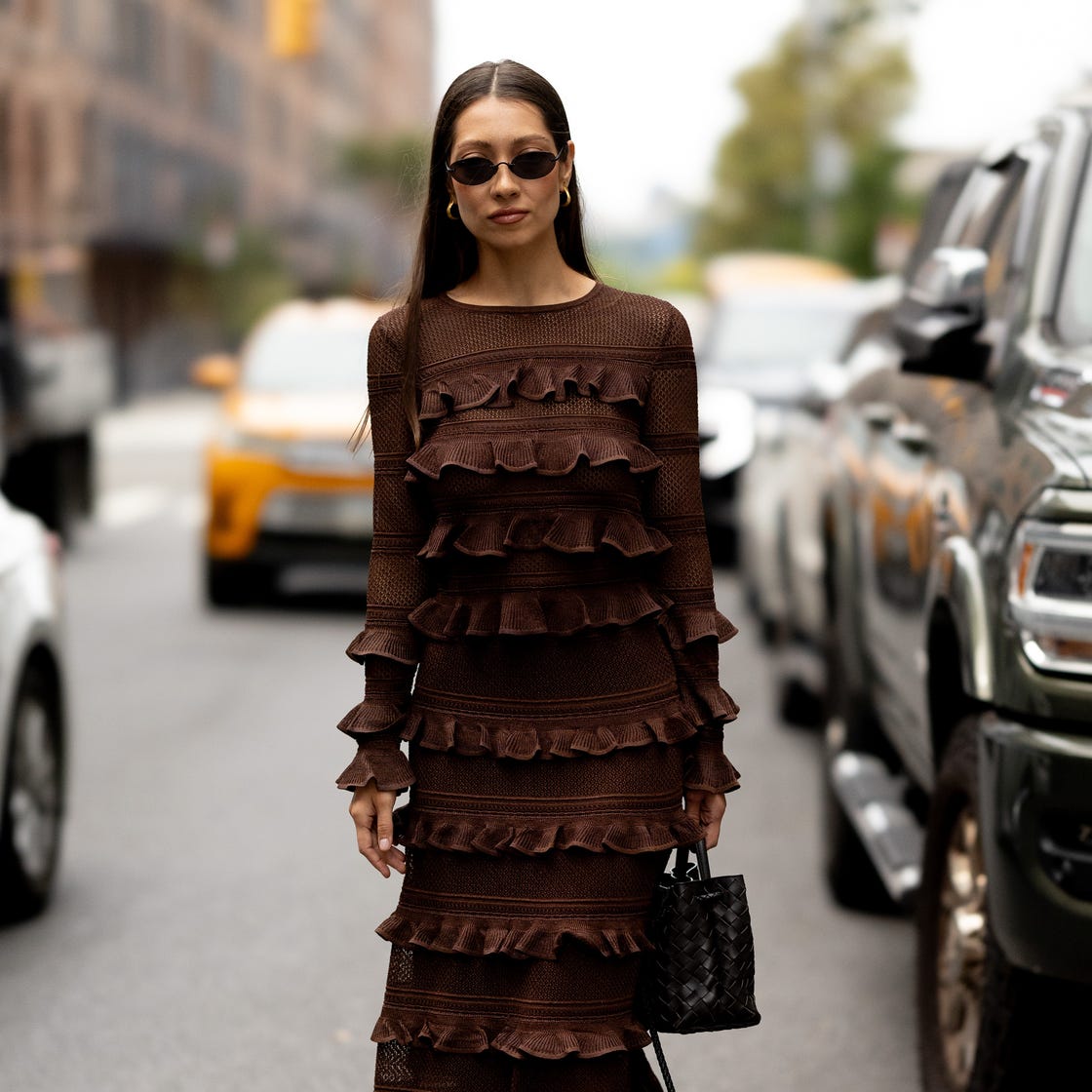 Sophisticated Brown Midi Dress with Tiered Ruffles for Evening — Brown Outfits