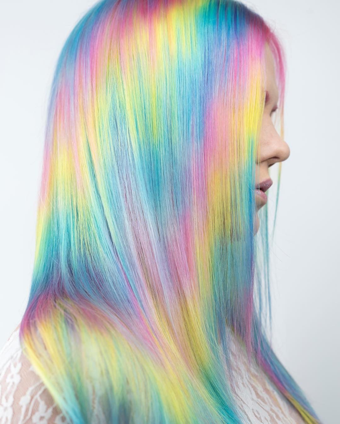 Blonde Mid-Back Straight With Pastel Rainbows — Holographic Hair