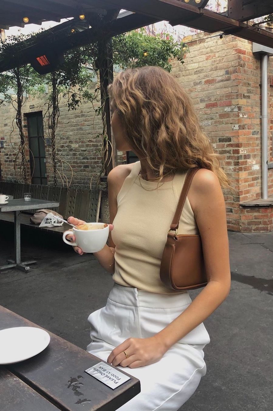 Beige Ribbed Tank Top with White Trousers for Casual Sophistication — Tank Top Outfits